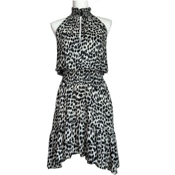 A.L.C Cody Leopard Print Silk Dress Mini Black White High Neck Sleeveless Size 4 - Picture 7 of 8